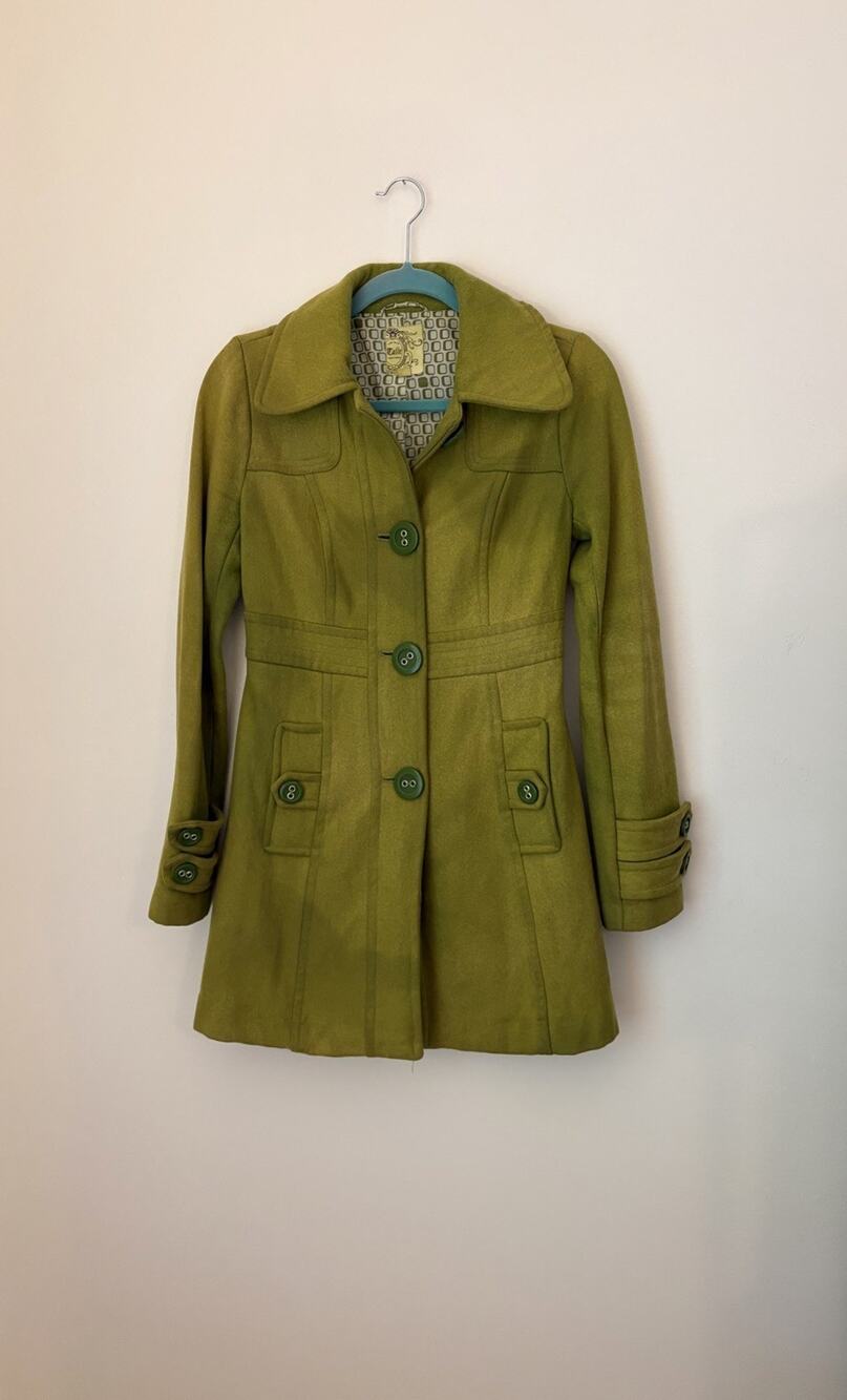 Tulle Green Overcoat Wool Blend Buttoned Lined Pockets Women's Coat Size XS